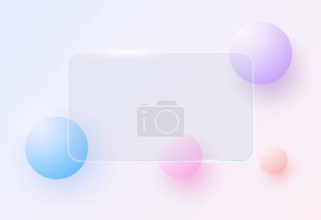 Illustration for Transparent glass rectangle shape with 3D spheres on the back, interesting vector background with copy space - Royalty Free Image
