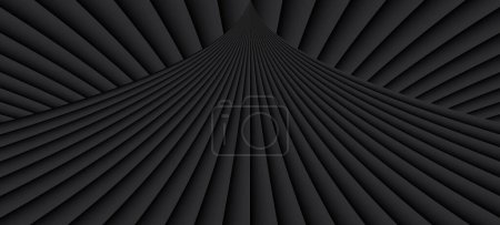 Téléchargez les illustrations : Fond noir abstrait avec motif de lignes 3D, architecture minimale illustration vectorielle rayée gris foncé pour la présentation d'entreprise, conception de perspective architecturale 3D - en licence libre de droit