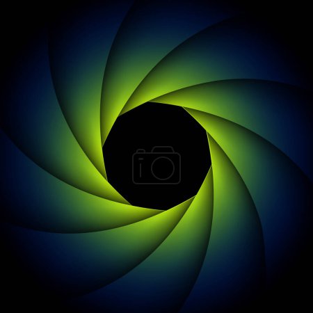 Illustration for Background with camera lens shutter, elegant yellow blue on black background, abstract technology design, vector illustration. - Royalty Free Image