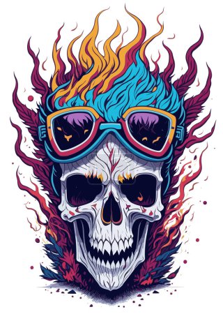 Illustration for Fancy smiling skull in sunglasses with fantasy fire flames around isolated, vintage style flat sticker t-shirt vector illustration design. - Royalty Free Image