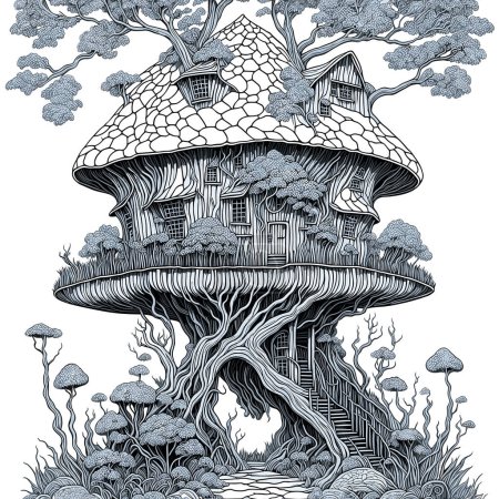 Illustration for Black and white funny fantasy mushroom house isolated, coloring book page vector illustration. - Royalty Free Image