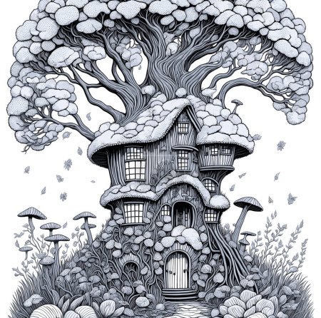 Ilustración de Casa de hongos de fantasía divertida blanco y negro aislado, ilustración de vectores de página de libro para colorear. - Imagen libre de derechos