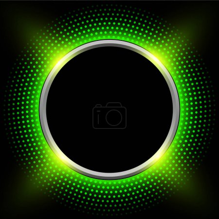 Illustration for Shiny button with green halftone, dots pattern around on black background, vector illustration. - Royalty Free Image