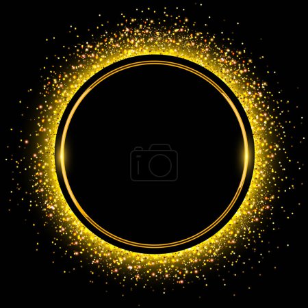 Ilustración de Fondo con anillo de brillo de oro en negro, polvo brillante dorado brillante, ilustración vectorial brillante. - Imagen libre de derechos