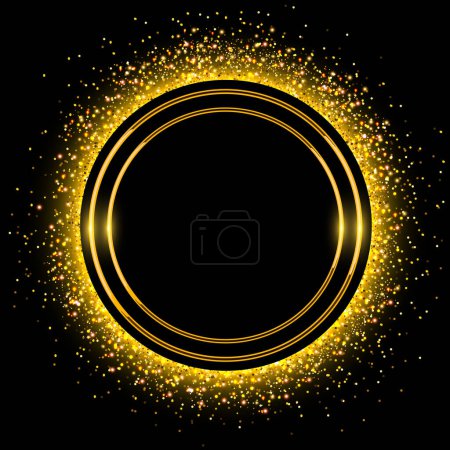 Ilustración de Fondo con anillo de brillo de oro en negro, polvo brillante dorado brillante, ilustración vectorial brillante. - Imagen libre de derechos