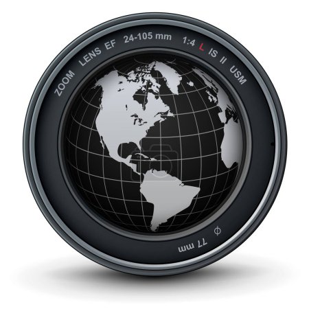 Téléchargez les illustrations : Objectif photo avec globe terrestre, Le monde à l'intérieur de l'appareil photo, Illustration vectorielle icône 3D. - en licence libre de droit