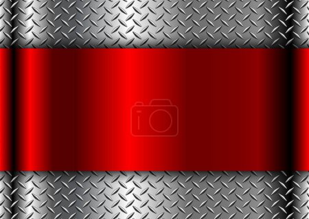 Téléchargez les illustrations : Argent fond 3d métallique rouge avec bannière au centre et motif en métal plaque de diamant, illustration vectorielle. - en licence libre de droit
