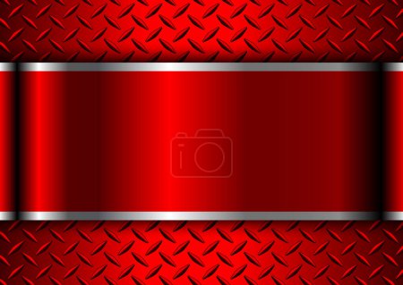 Illustration for Red metallic 3d background with banner in the center and diamond plate metal pattern, vector illustration. - Royalty Free Image