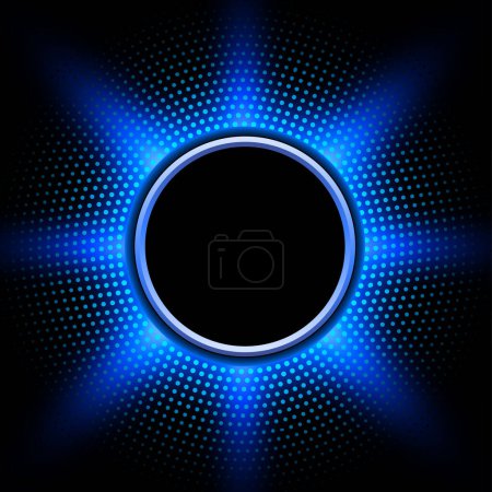 Illustration for Shiny button with blue halftone, sunny dots pattern around on black background, vector illustration. - Royalty Free Image