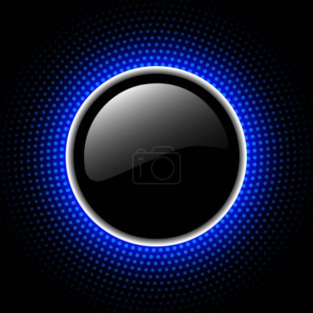 Illustration for Shiny button with blue halftone, sunny dots pattern around on black background, vector illustration. - Royalty Free Image