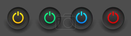 Set of black round buttons with colored power symbols. User interface elements for mobile devices, UI, UX, vector illustration.
