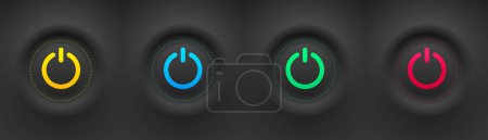 Téléchargez les photos : Ensemble de boutons ronds noirs avec des symboles de puissance colorés. Eléments d'interface utilisateur pour appareils mobiles, UI, UX, illustration vectorielle. - en image libre de droit