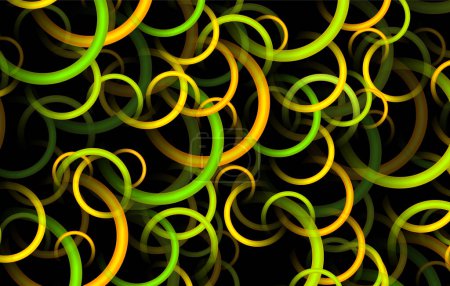 Téléchargez les photos : Fond abstrait 3D avec des formes de cercle vert jaune sur noir, motif anneaux fantastiques, illustration vectorielle. - en image libre de droit