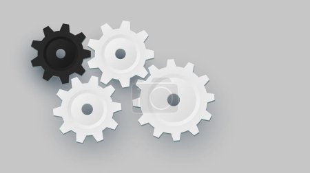 Illustration for 3D white gears and cogs on gray, cooperation concept technology background with copy space, 3D vector illustration - Royalty Free Image
