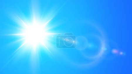 Téléchargez les photos : Fond ensoleillé, soleil avec éclat de lentille sur ciel bleu, concept de temps chaud, illustration vectorielle de fond d'été. - en image libre de droit