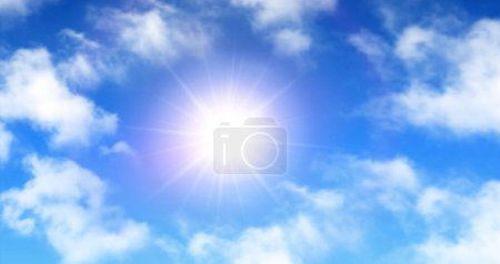 Téléchargez les photos : Fond ensoleillé, ciel bleu avec nuages blancs et soleil, concept de journée ensoleillée, illustration vectorielle. - en image libre de droit
