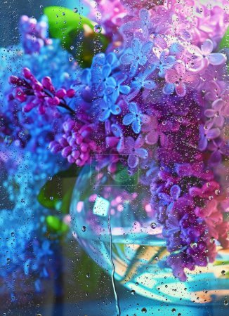 Bouquet Of Lilacs Stands In A Glass Vase Behind Glass Window With Rain Drops