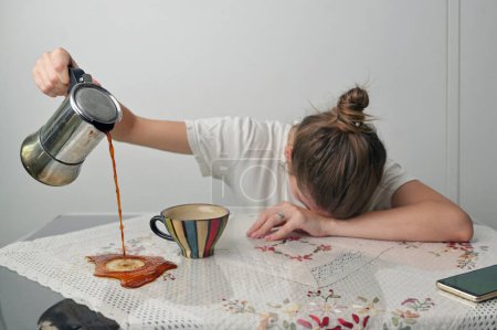 Photo for Concept Tired Young Woman Having Sleep Deprivation and Pouring Coffee. - Royalty Free Image