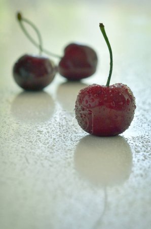 Photo for Closeup Cherry Fruits on Wooden Table and drops - Royalty Free Image