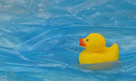 Téléchargez les photos : Concept Pollution plastique en mer avec jouet en caoutchouc jaune canard - en image libre de droit
