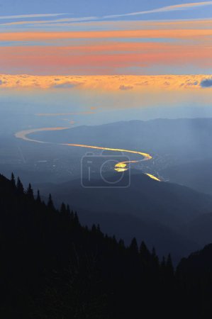 Téléchargez les photos : Pins et rivière Olt dans les montagnes Fagaras, Roumanie au coucher du soleil - en image libre de droit