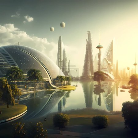 Photo for Ai art, futuristic city buildings with lake water - Royalty Free Image