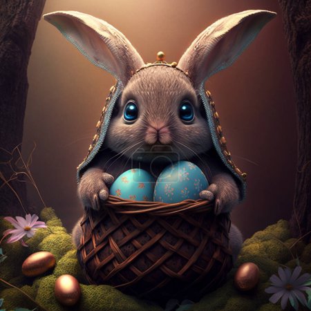 Photo for Cute easter bunny with eggs, ai art illustration - Royalty Free Image