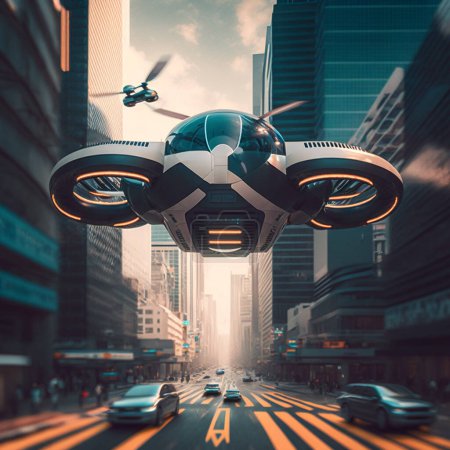 Foto de Ai art, dron futurista volando en la gran ciudad moderna con edificios - Imagen libre de derechos