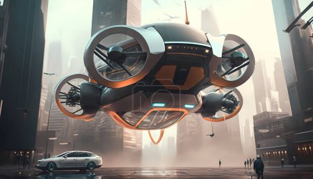Téléchargez les photos : Ai art, drone futuriste volant dans une grande ville moderne avec des bâtiments - en image libre de droit