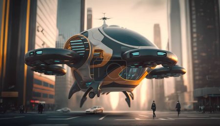Téléchargez les photos : Ai art, drone futuriste volant dans une grande ville moderne avec des bâtiments - en image libre de droit
