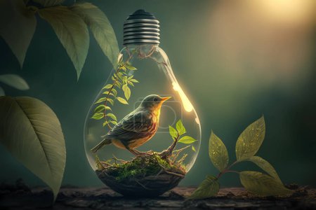 Photo for Cute little birds inside of light bulb with soil - Royalty Free Image