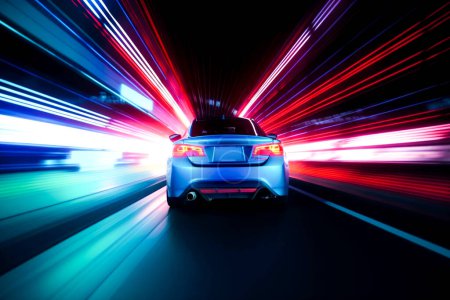 Photo for Speed motion at night with lights and blurred bokeh background. automobile - Royalty Free Image