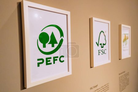 Photo for 26 July 2022, Munster, Germany: Logos of non-profit organizations PEFC and FSC dealing with the problems of deforestation and sustainable forest management - Royalty Free Image