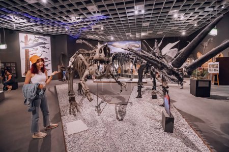 Foto de 26 de julio de 2022, Museo de Historia Natural de Munster, Alemania: Visitante en la Exposición de terroríficos esqueletos de dinosaurios del período Jurásico y Cretácico - Imagen libre de derechos