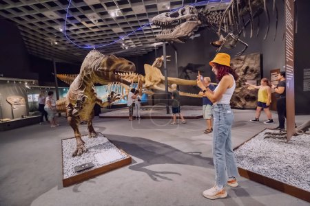Foto de 26 de julio de 2022, Museo de Historia Natural de Munster, Alemania: Visitante con guía de aplicaciones para teléfonos inteligentes en la Exposición de aterradores esqueletos de dinosaurios - Imagen libre de derechos