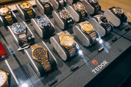 Photo for 19 January 2023, Dubai, UAE: Very expensive vintage Tudor luxury watches for sale at store window. - Royalty Free Image