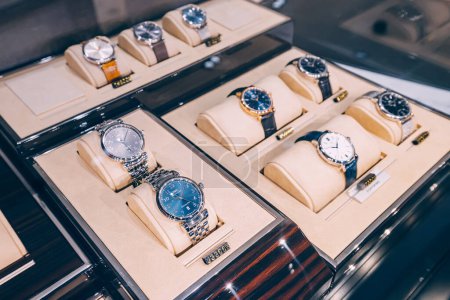 Photo for 19 January 2023, Dubai, UAE: Very expensive vintage IWC luxury watches for sale at store window. - Royalty Free Image