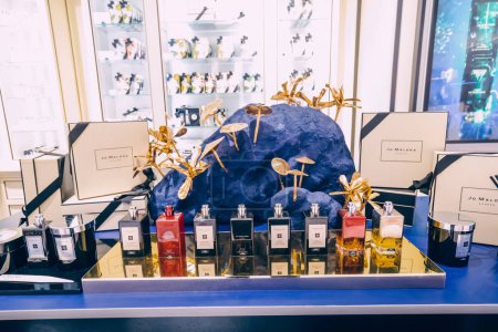 Photo for 19 January 2023, Dubai, UAE: Jo Malone perfume on a showcase of a fashionable aroma boutique or shop - Royalty Free Image