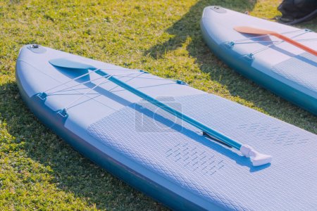 Two Standup paddle boards on a grass near the sea or lake