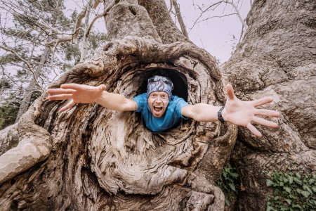 Téléchargez les photos : L'homme drôle crie dans le creux d'un énorme arbre, qui le dévorera probablement. Phobies et cauchemars concept - en image libre de droit