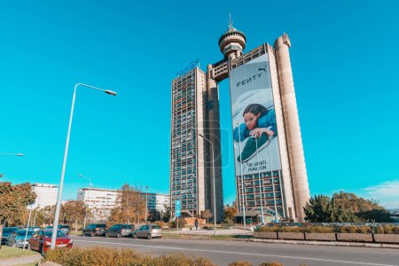 Photo for 12 November 2023, Belgrade, Serbia: Famous Zepter building and western city gates with big advertisement banner - Royalty Free Image