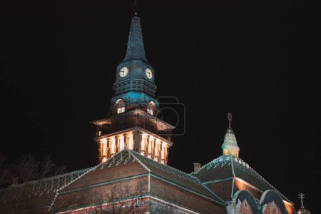 beauty of Subotica's illuminated famous landmark - Town Hall against the backdrop of the evening sky