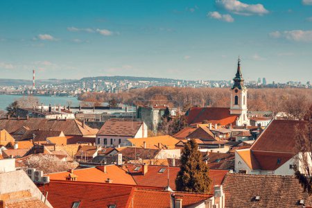 Explore Belgrade's skyline: A panoramic view of the cityscape along the Danube River, from the viewpoint of iconic landmark - Gardos tower