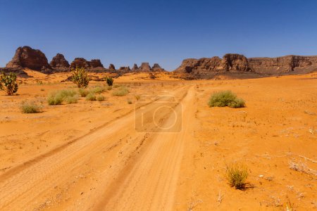 Foto de Empty sandy dirt road with tire tracks in Tassili National Park. Tadrart mountains, Acacus range. Tassili N'Ajjer National Park. Algeria, Africa - Imagen libre de derechos