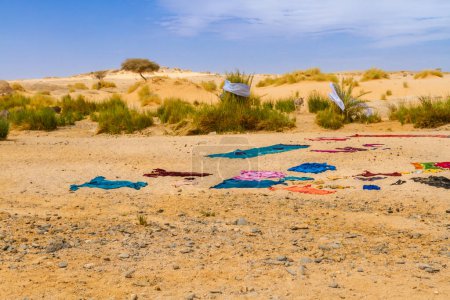Téléchargez les photos : Les femmes touareg séchent les vêtements lavés de manière traditionnelle. Séchage de linge coloré au soleil sur sable. Parc national de Tassili n'Ajjer, Algérie, Sahara, Afrika - en image libre de droit