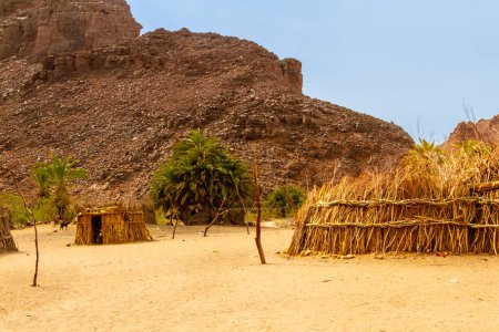 Photo for Tuareg village. Round huts  and  outbuildings  built in a traditional way reed.  Oued Aharhar Gorge. Aharghar Canyon, Tassili n'Ajjer National Park, Djanet, Algeria, Africa. - Royalty Free Image