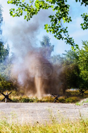 Photo for Background. Bomb exploding between the trees . Reconstruction of battle from the Second World War - Royalty Free Image