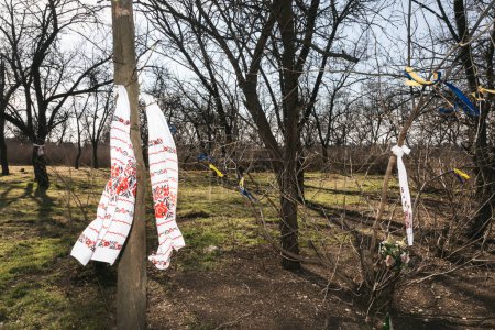Téléchargez les photos : Serviette nationale ukrainienne sur les branches d'arbres en l'honneur des héros de la Défense territoriale morts le 01 mars 2022 dans le parc Lilas à Kherson. - en image libre de droit
