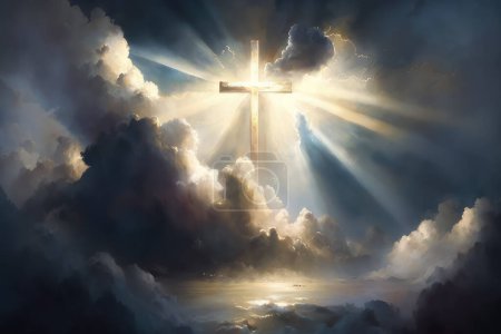Religiöser Hintergrund mit leuchtendem Heiligen Kreuz. Zeichen des Glaubens. Kreuz am Himmel. Das heilige Kreuz leuchtet am Himmel. 