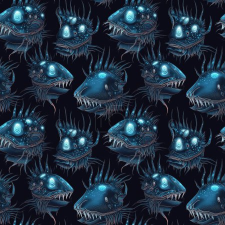 Téléchargez les photos : Fond sans couture de monstres d'eau profonde et de poissons sur un fond bleu foncé, avec des caractéristiques bioluminescentes. Style d'art surréaliste. - en image libre de droit